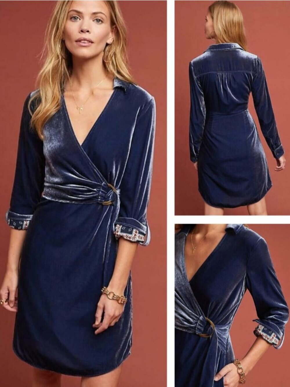 MAEVE Anthropologie Blue Velvet Shirtdress Dress Size 0